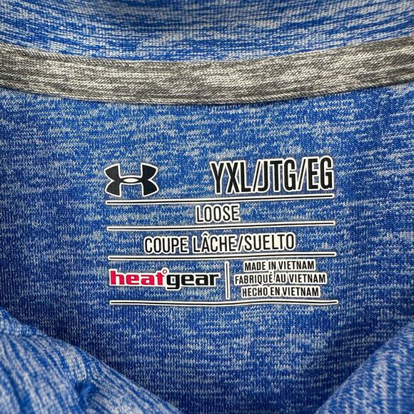 Under Armour Size Youth XL Polo Shirt‎ Blue Heather Short Sleeve Heat Gear Loose - Picture 4 of 4